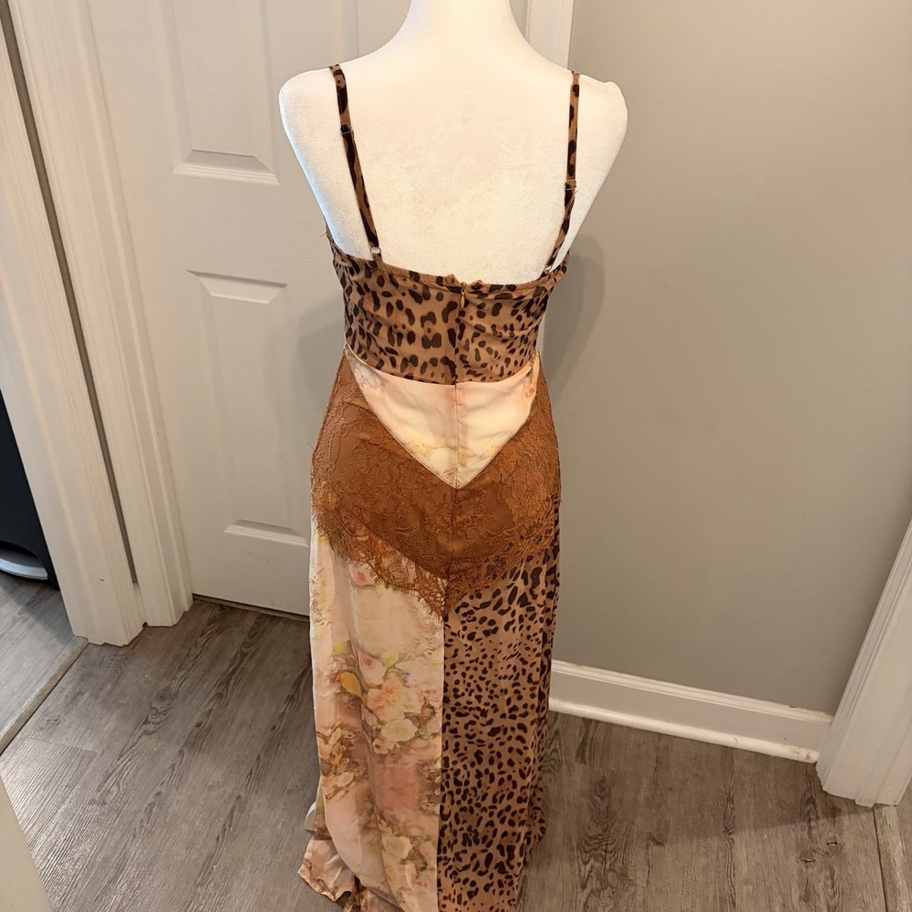 Mixed Print Chiffon Maxi Dress Size S Leopard Floral Patchwork Lace Slip Long - Picture 5 of 10